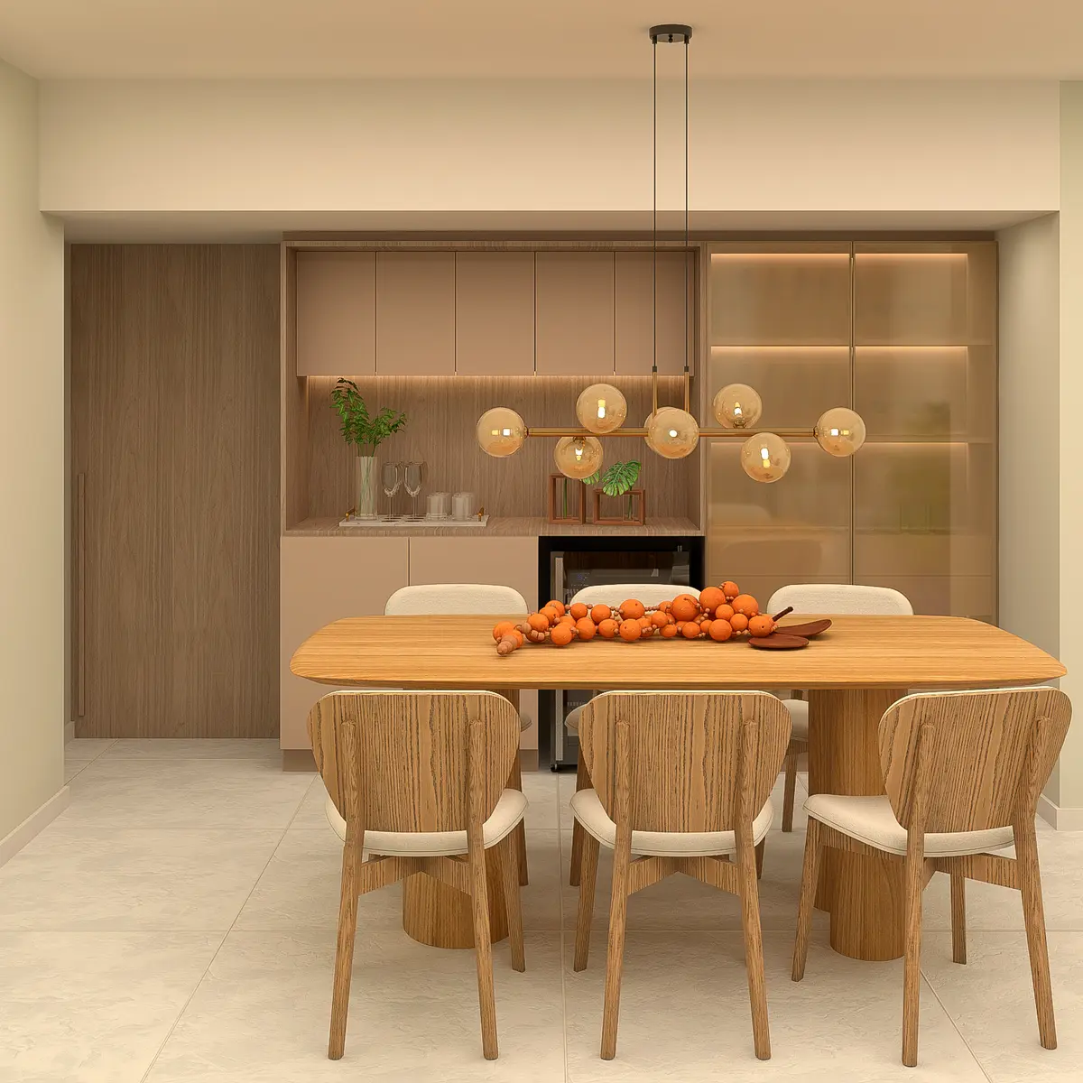 Apartamento em Tons Terrosos: Interiores completos de apartamento: sala de estar e jantar, suíte e escritório em tons terrosos e madeira.