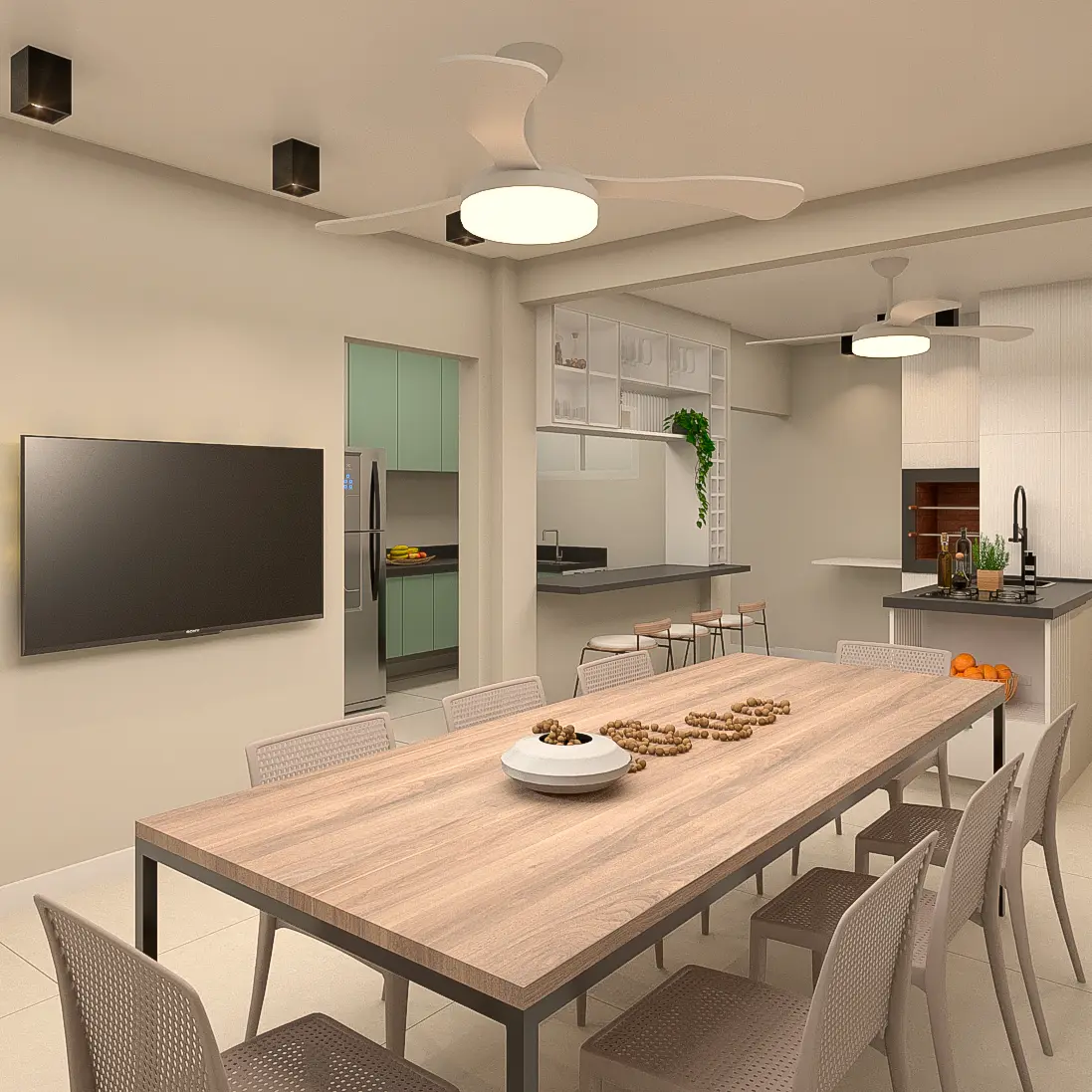 Casa Integrada: Residência com sala, jantar e cozinha integrados, pergolado de madeira e área externa coberta.