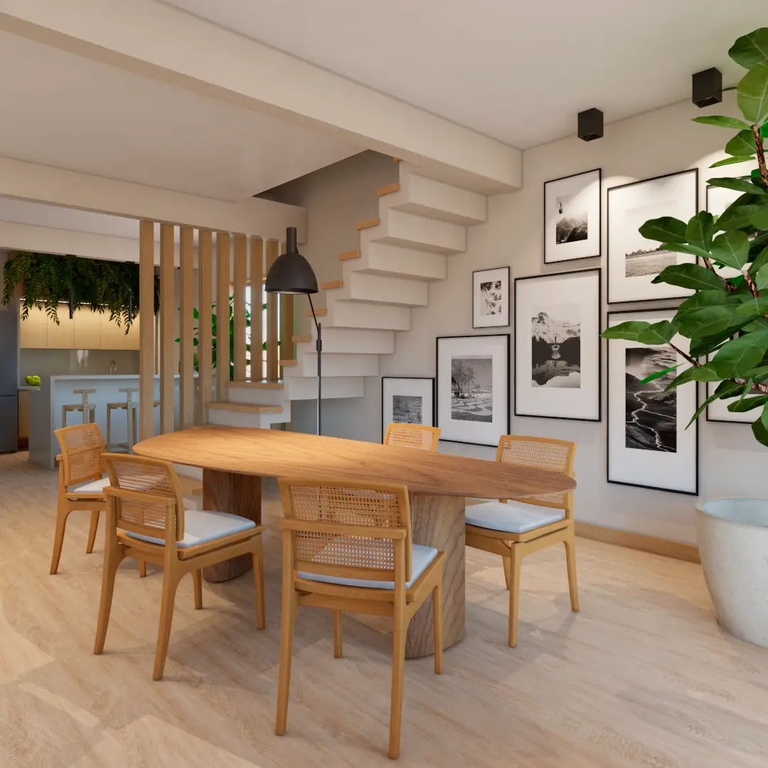 Interiores em Timbuí: Cozinha, jantar e escada integrados com ripado de madeira, galeria de quadros e muito verde.