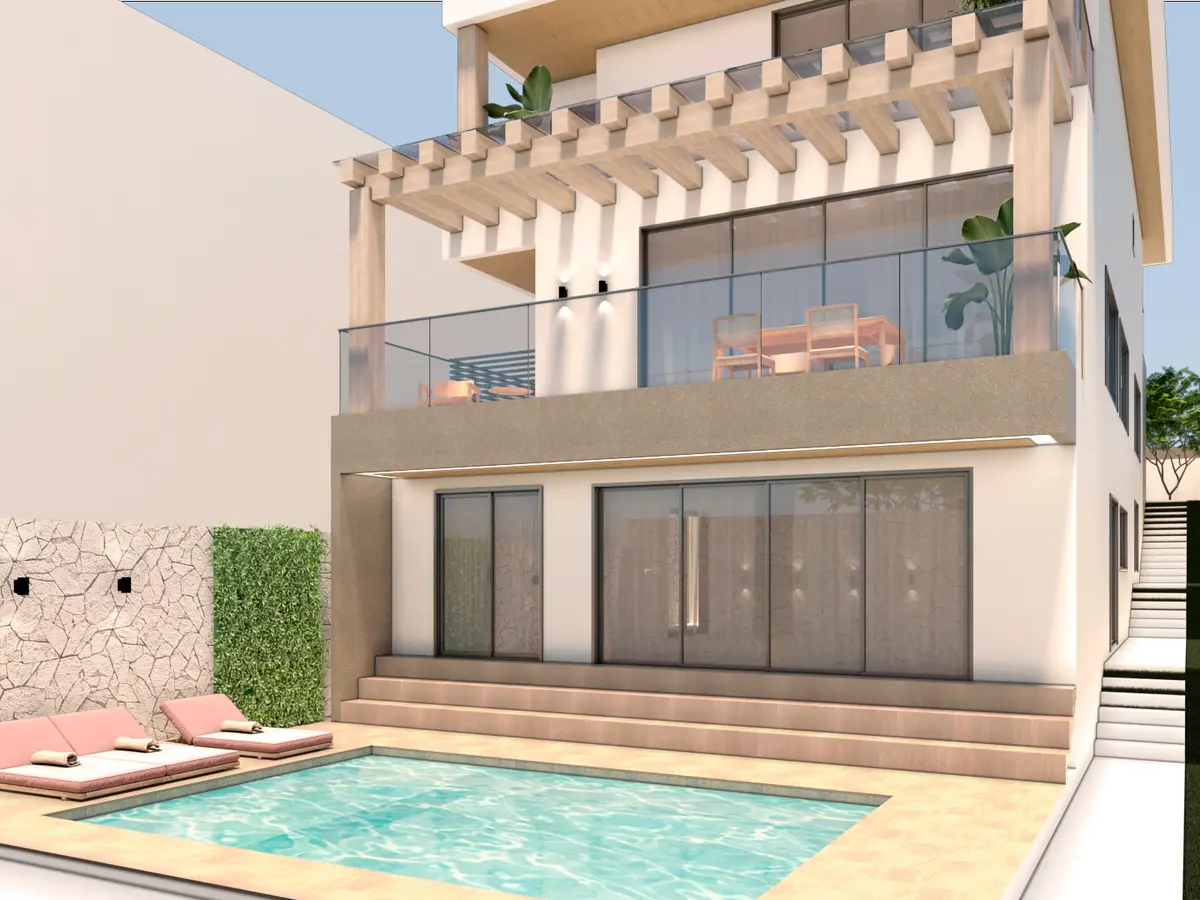 Sobrado com Piscina: Sobrado de três pavimentos com área gourmet integrada, piscina e suítes, projetado e detalhado em BIM.