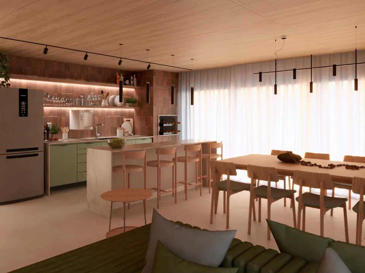 Área gourmet integrada com revestimento terracota, marcenaria verde e mesa de jantar em madeira, projeto do Studio Agê